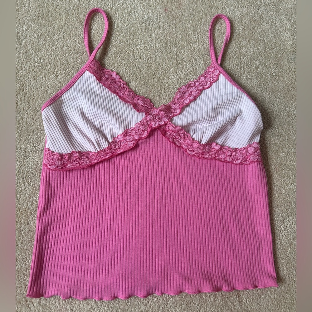 Pink and White Lace Tank Top